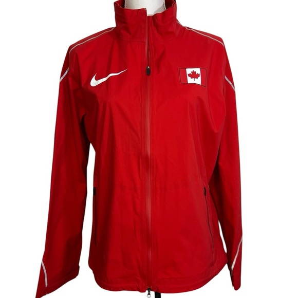 Nike Canada Hooded Reflective Olympic Track Jacket Women Large Spell Out Logo - Picture 1 of 8